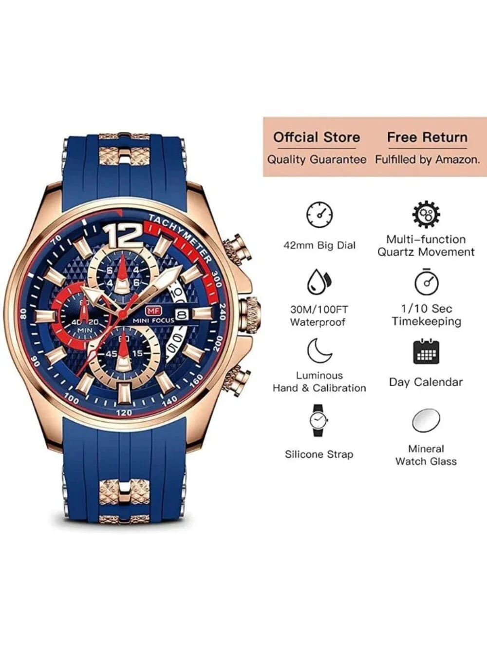 Men's Gold Blue Chronograph Waterproof Sport Military Analog Quartz Wrist Watch